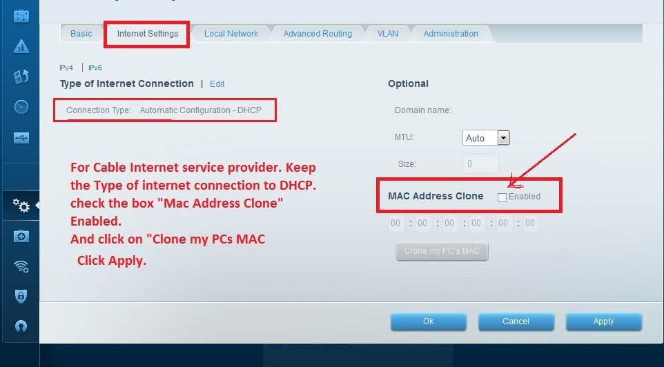 Internet connection settings - Cable ISP