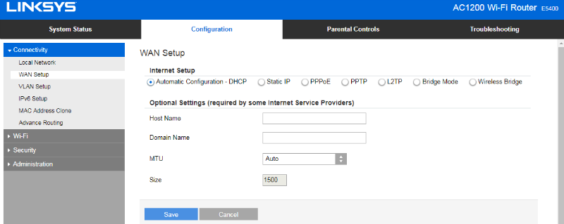 Internet Connection settings