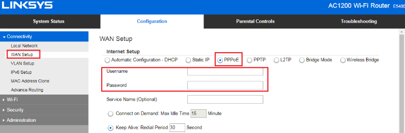 E5400 PPPoE connection settings